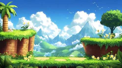 Digital game scene renders floating platforms with distant mountains under blue sky.