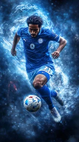 Cosmic soccer forward charging through swirling energy field.