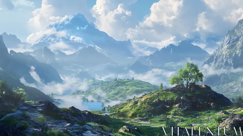 Majestic glowing peak rises over lush valley landscape.