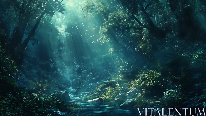 Mystical Cavern Waterscape with Ethereal Light Rays.