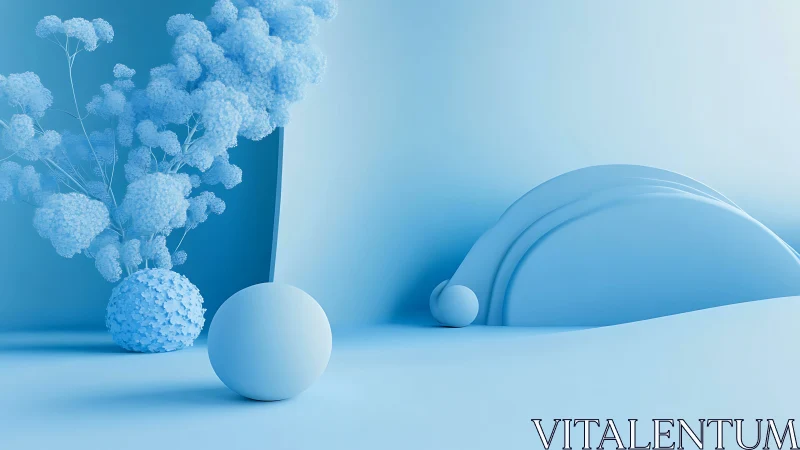 Monochromatic blue 3D still life with spheres and stylized plant