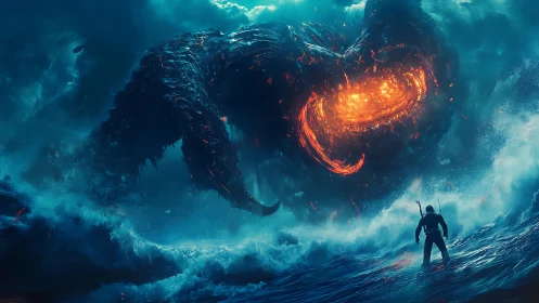 Storm-lit guardian and glowing sea beast in wild waters.