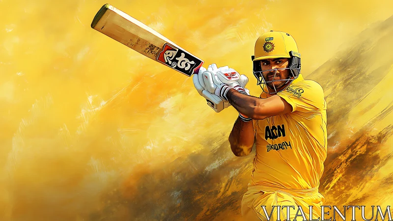 Cricketer in yellow kit executing front-foot batting stroke.