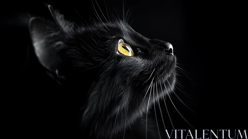 Black Cat with Luminous Yellow Eyes Against Dark Background.