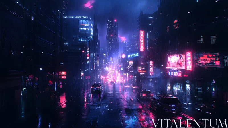 Neon rainstorm carving electric rivers through cyber city streets.