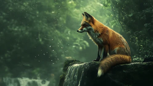 Solitary red fox studies misted forest waterfall edge.