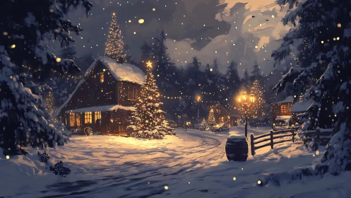 Nocturnal alpine village rendered in luminous winter luminance.