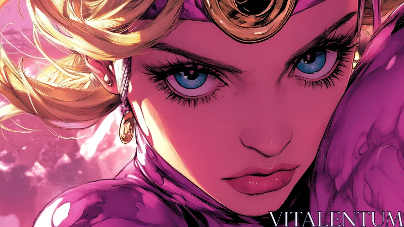 Close-up cel-shaded heroine portrait with magenta chromatic intensity