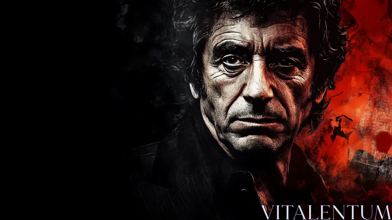 Grim middle-aged male portrait on red-black textured ground