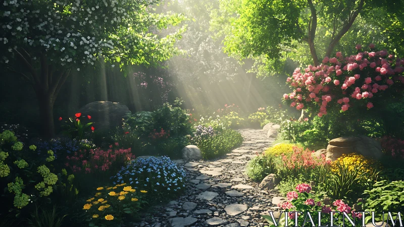 Stone garden path through dense flowering vegetation.