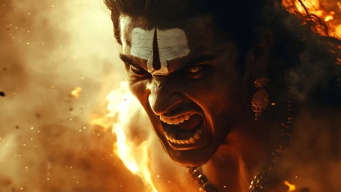 Fiery warrior portrait with ritual markings in combustion field.