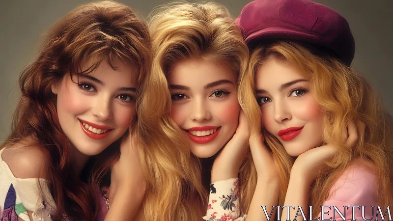 Sunlit trio of retro glam muses in soft focus radiance.