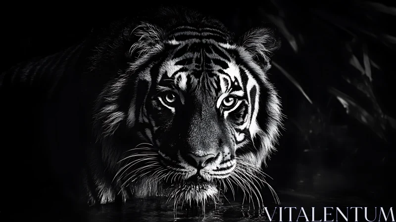 Monochrome portrait isolates a tiger in high-contrast chiaroscuro