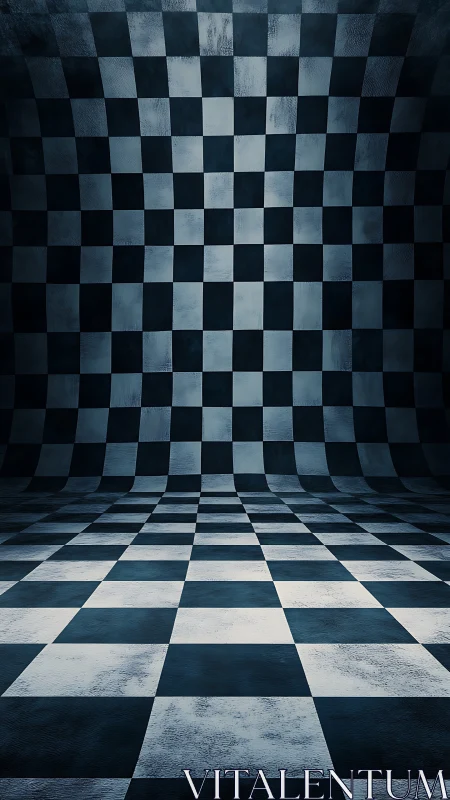 Curved black and white checkerboard room perspective.