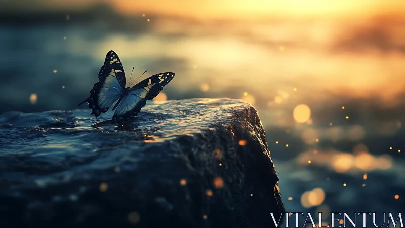 Butterfly rests on wet coastal rock under low warm backlight