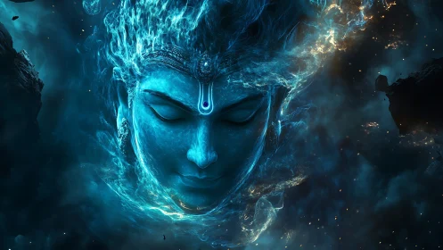 Cosmic blue divine face emerging from swirling nebula.