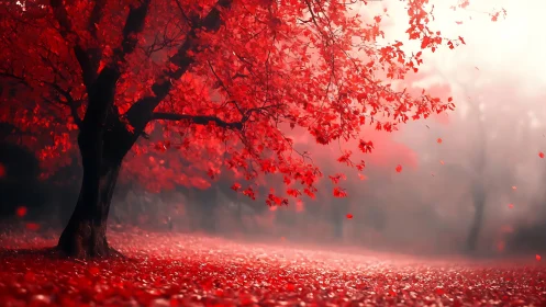 Scarlet maple under misty light in tranquil autumn grove.