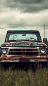 Weathered teal pickup truck front view in overcast field.