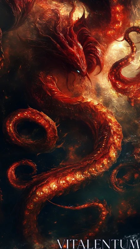 Infernal serpentine dragon coils through molten cosmic void.