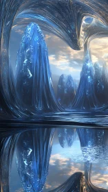 Glacial crystal spires rise over mirrored alien waters.