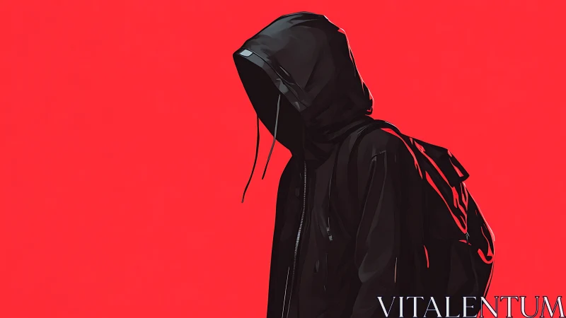 Hooded figure in black clothing is rendered on red background