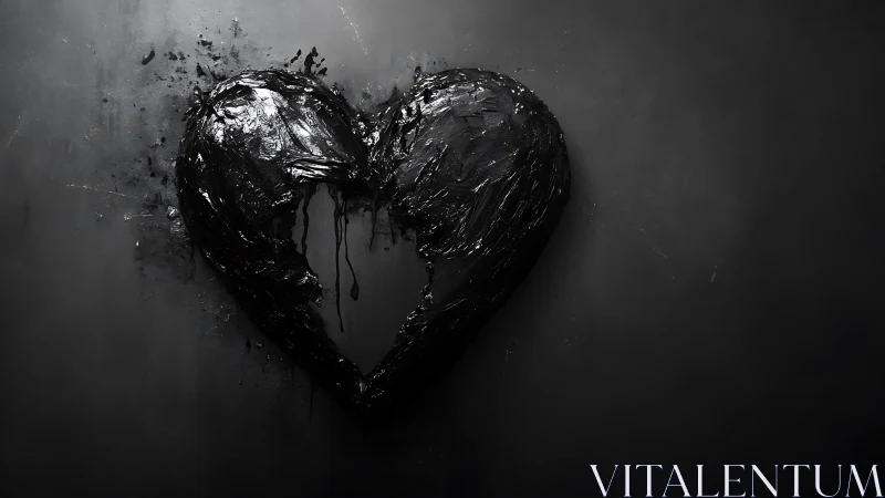 Oil-slicked heart hangs open, dripping silence into void