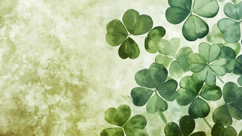 Green shamrock leaves overlap on textured pale background