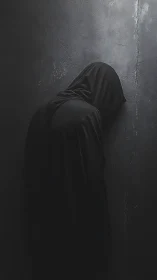 Hooded figure in black garment against textured dark wall.