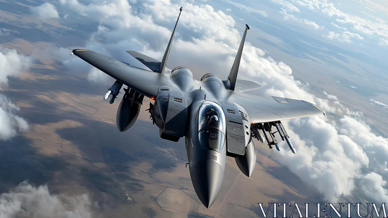 Twin‑engine air superiority jet with external stores in high‑altitude bank