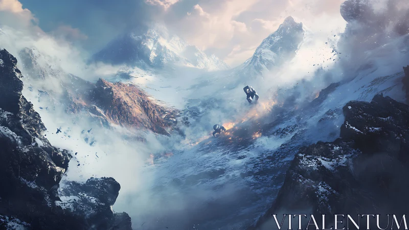 Snowy alien mountains glowing with wandering fire mechs.