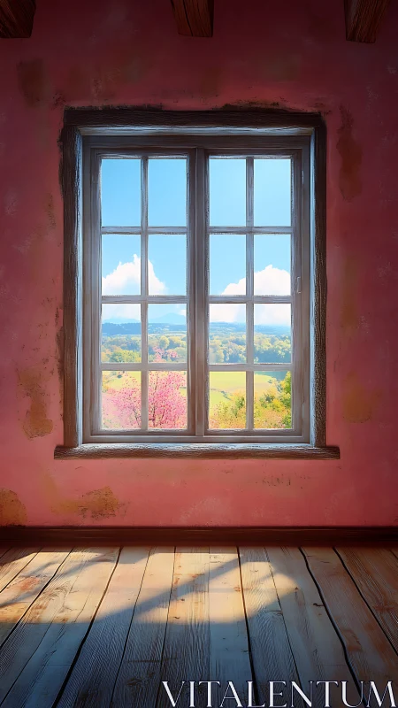 Interior window with rural landscape under clear sky.
