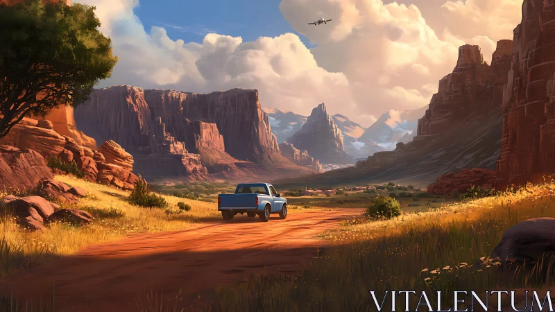 Sunlit pickup rolls toward welcoming red canyon mountains