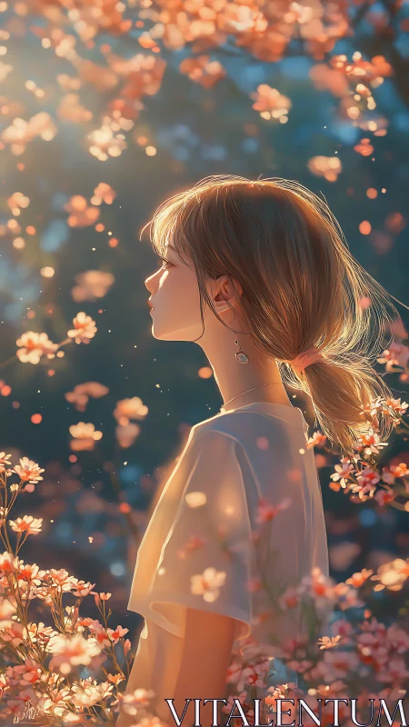 Side profile of young woman in dense floral environment.