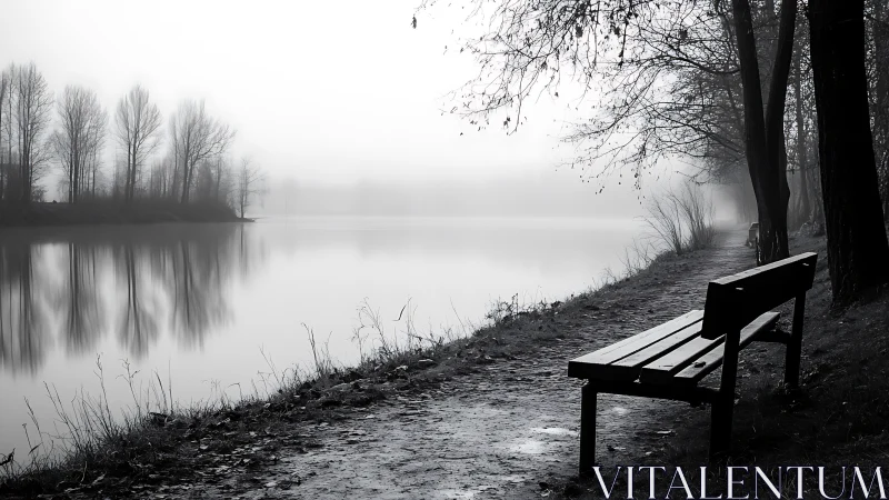 Foggy lakeside bench along reflective shoreline in grayscale