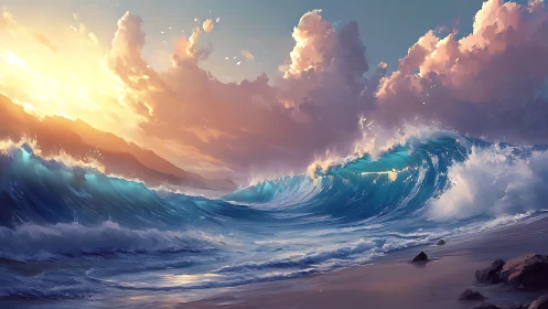 Sunlit coastal breakers under towering pastel cumulonimbus clouds