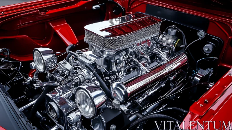 Chromed V8 hot rod engine in pristine red bay close-up.
