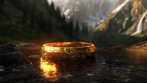 Golden ring resting in mountain stream under warm light.