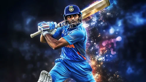 Cricket batsman launches powerful shot in cosmic arena.