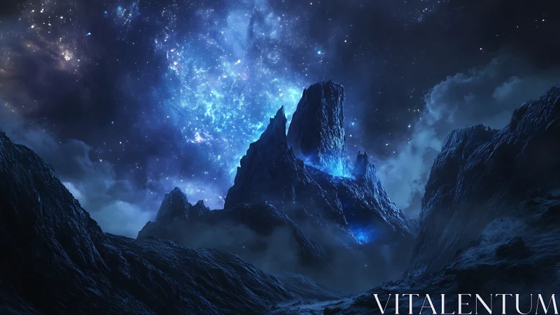 Luminescent alien peaks rise beneath a dense galactic nebula