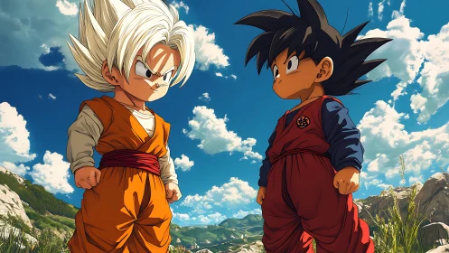 Two anime children in martial arts attire outdoors under sky.