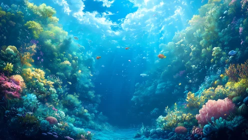 Radiant coral canyon with volumetric light shafts and tropical fish