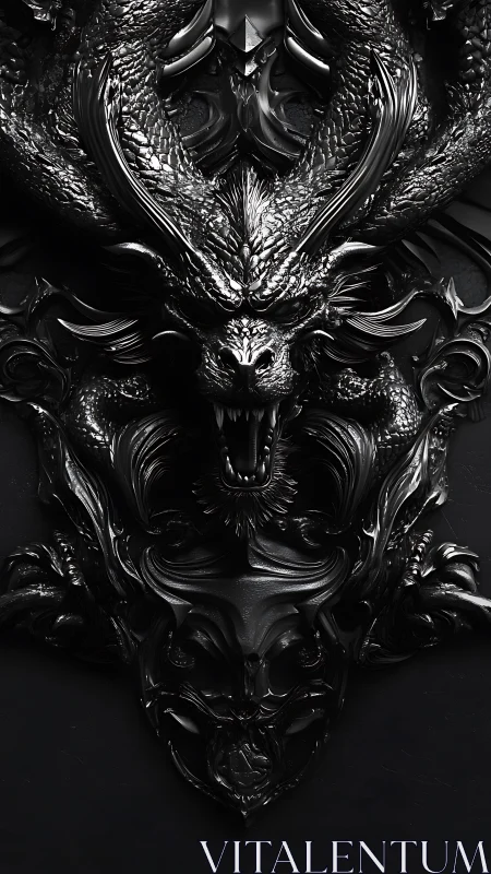 Majestic black dragon carving glowing with dark power.
