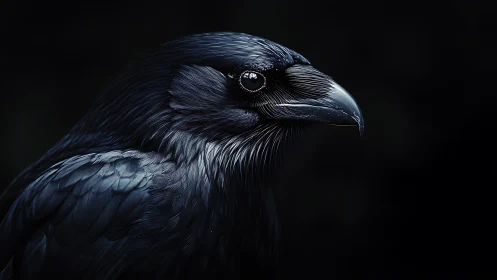 Side profile close-up of dark-feathered corvid in low light.