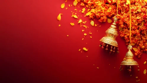 Gold temple bells with marigold petals on red background.