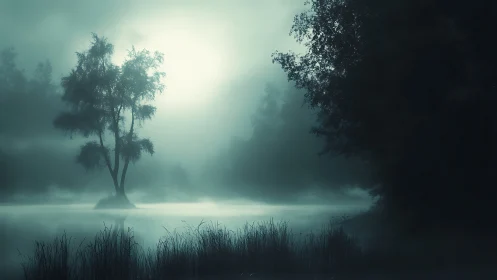 Mist-veiled lakeside tree under cyan nocturnal backlight.