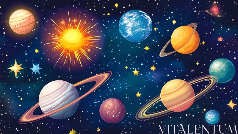 Playful planets dance around a blazing cartoon sun in space.