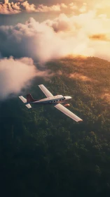 Light aircraft crosses misty forest coast at golden hour