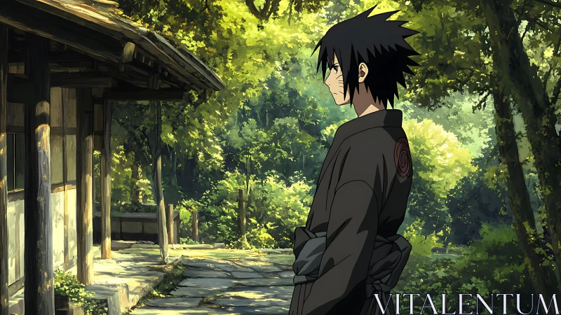 Quiet forest ronin pauses by sunlit wooden retreat.