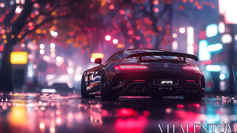 Mercedes AMG sports car on neon lit rainy city street.