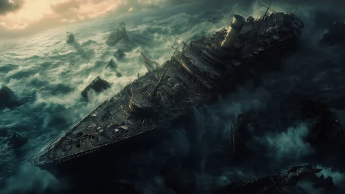 Decaying ocean liner drifts through storm-tossed wreckage seascape.